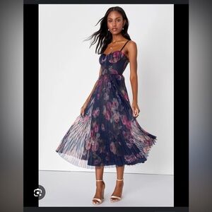 Alluring Invite Midnight Blue Floral Pleated Bustier Midi Dress